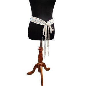 Women's Boho White Fabric Belt with Turquoise Beads